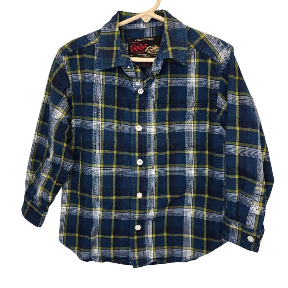 Old Navy Vintage Flannels Boys XS Blue Plaid Cotton Long Sleeve Button-Up Shirt